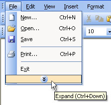 Initial state - only default and recently used menu ietms are shown: